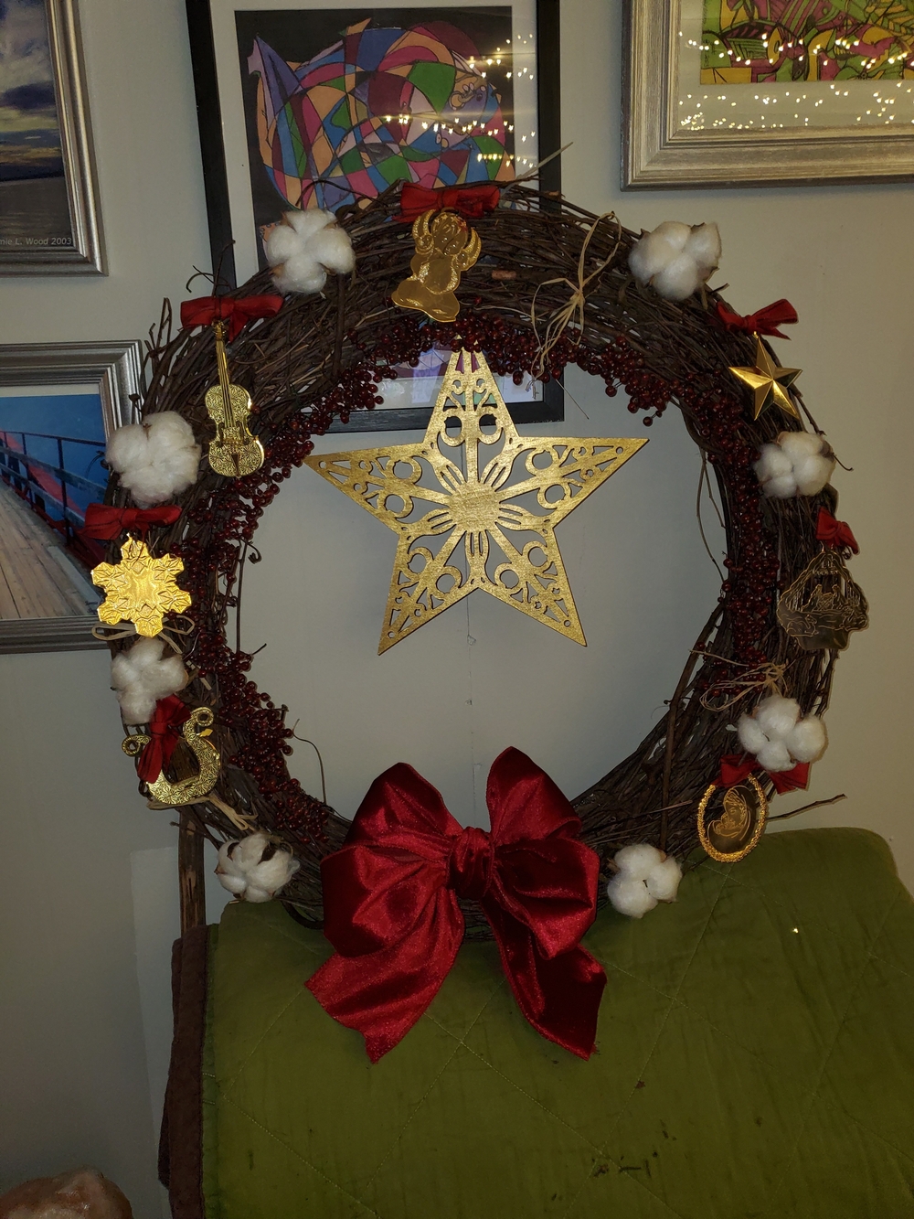 Handcrafted Festive Red Ribbon Cotton & Gold Ornament Holiday Wreath